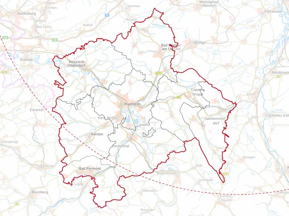 Karte des Landkreises Hameln-Pyrmont mit den Gemeinden im Einsatzgebiet – Niedersachsen Solar