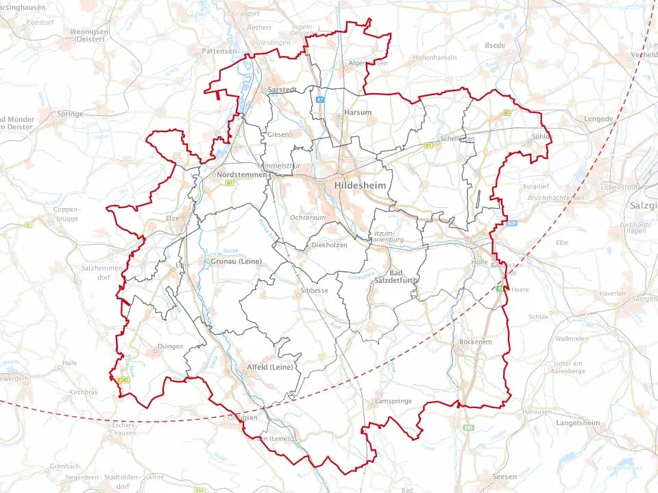 Karte des Landkreises Hildesheim mit den Gemeinden im Einsatzgebiet – Niedersachsen Solar