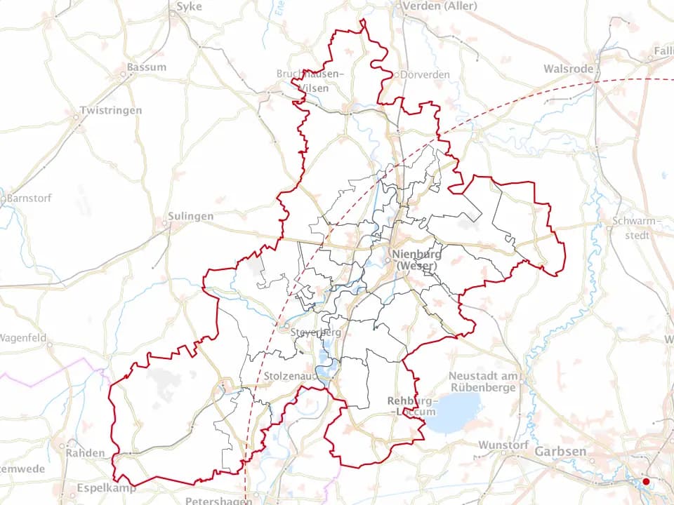 Karte des Landkreises Nienburg (Weser) mit den Gemeinden im Einsatzgebiet – Niedersachsen Solar