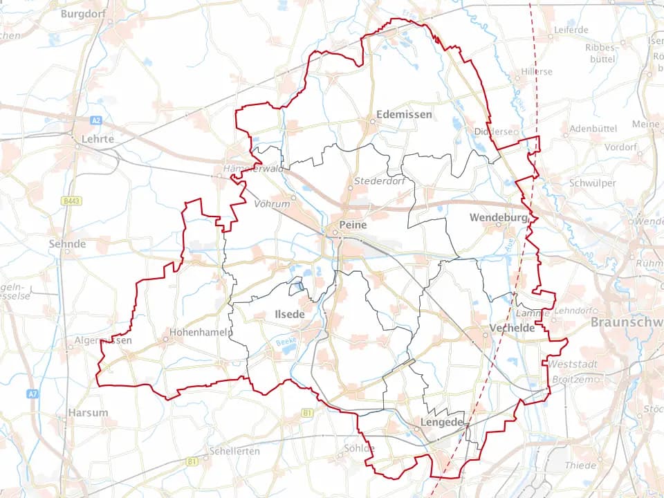 Karte des Landkreises Peine mit den Gemeinden im Einsatzgebiet – Niedersachsen Solar
