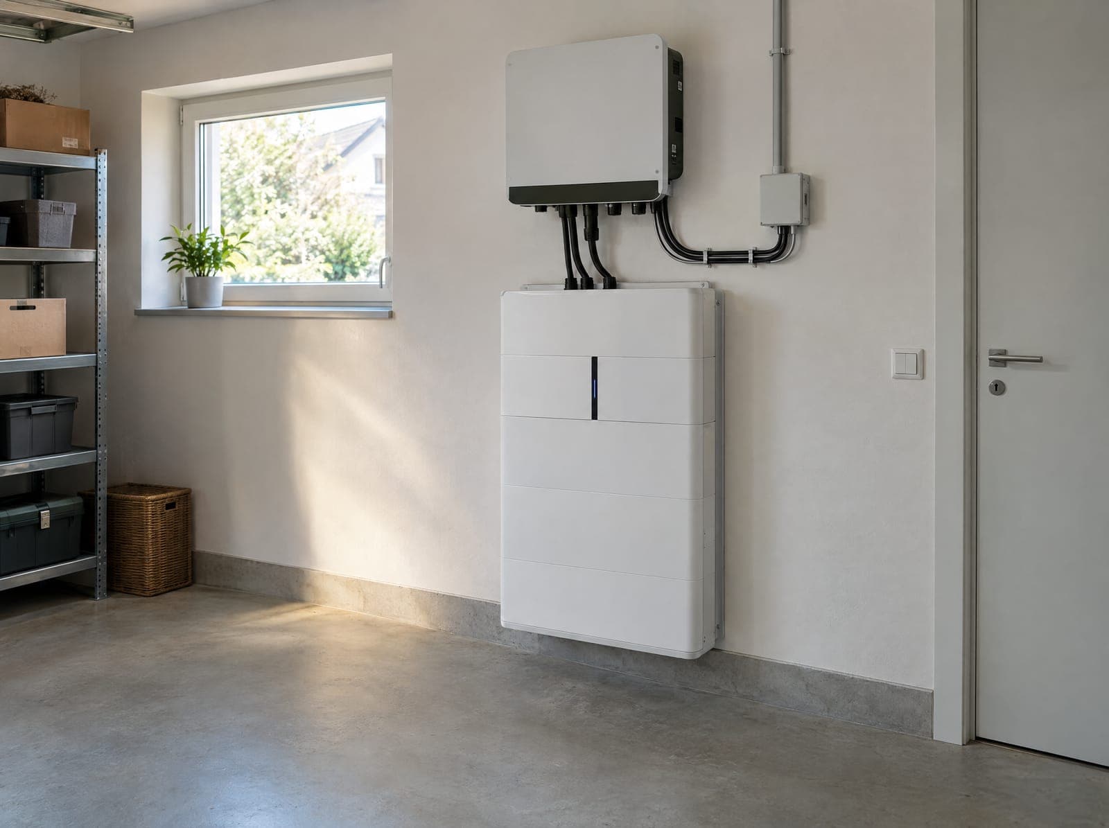 Wandmontierter Batteriespeicher mit Wechselrichter in einem aufgeräumten Hauswirtschaftsraum (Symbolbild) – Niedersachsen Solar