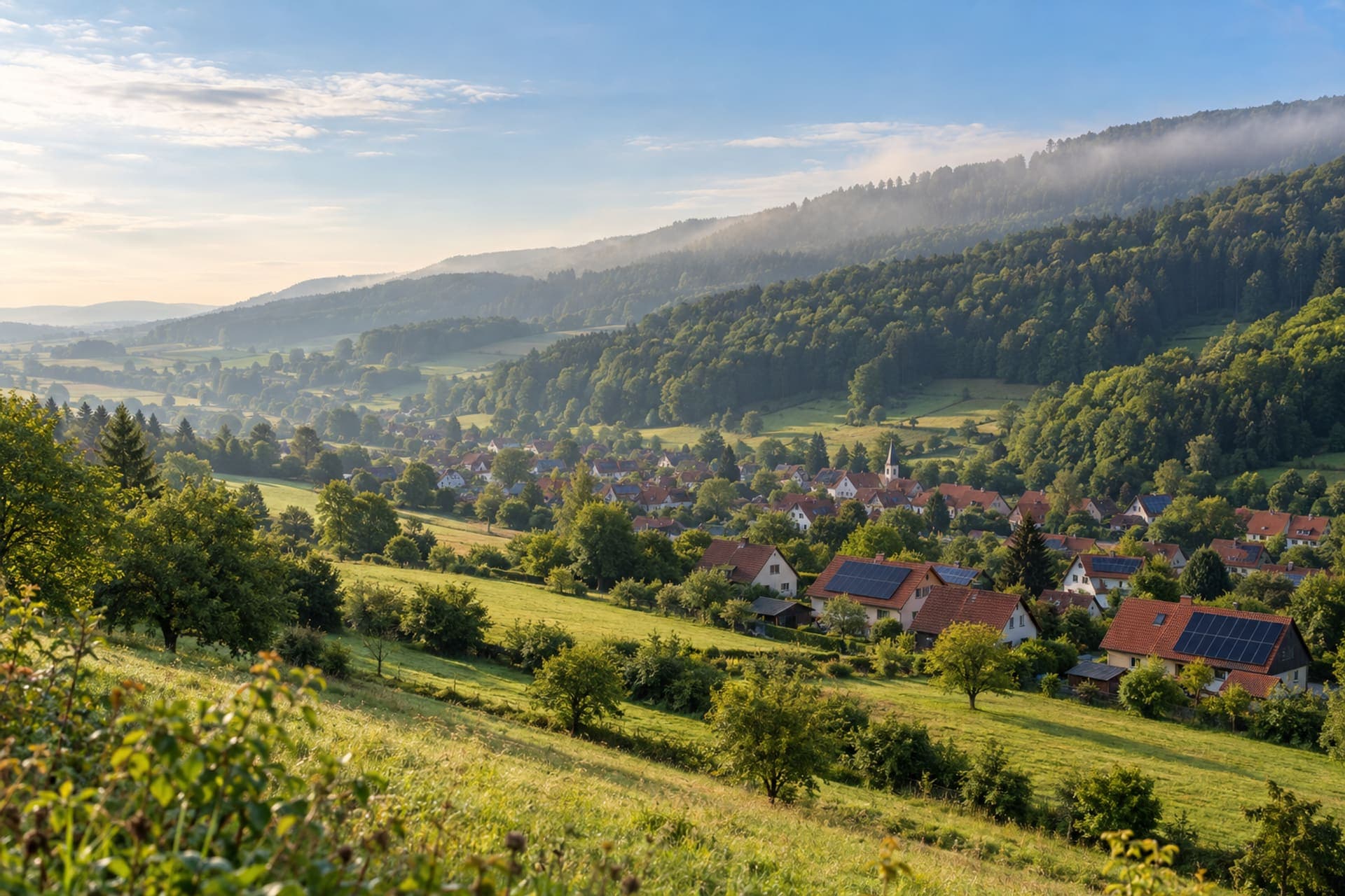 Dorf im Tal vor bewaldeten Hügeln, mehrere Dächer mit Solarmodulen (Symbolbild) – Niedersachsen Solar