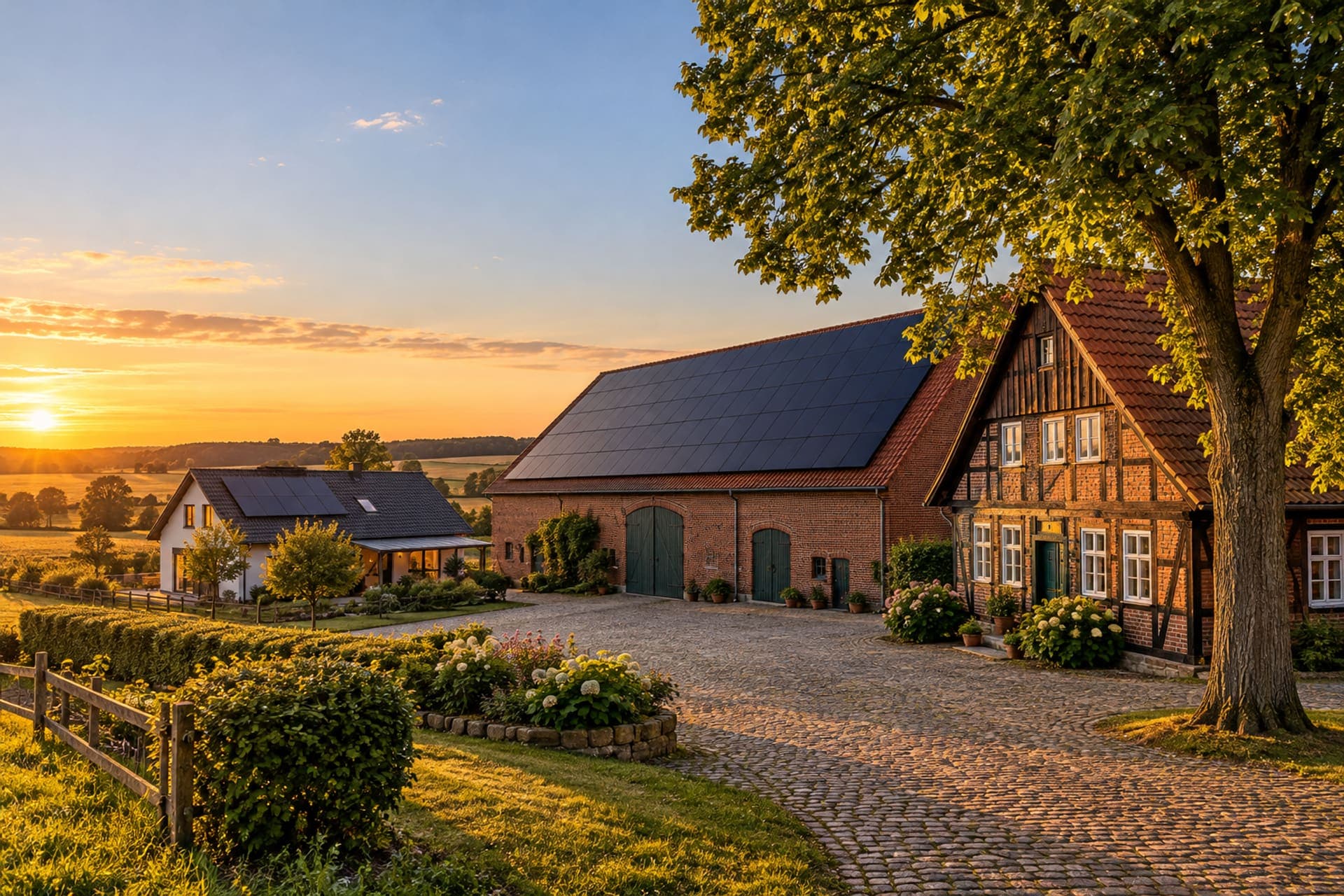 Fachwerkhof mit Scheune, deren Dach mit Solarmodulen belegt ist, in einem niedersächsischen Dorf (Symbolbild) – Niedersachsen Solar