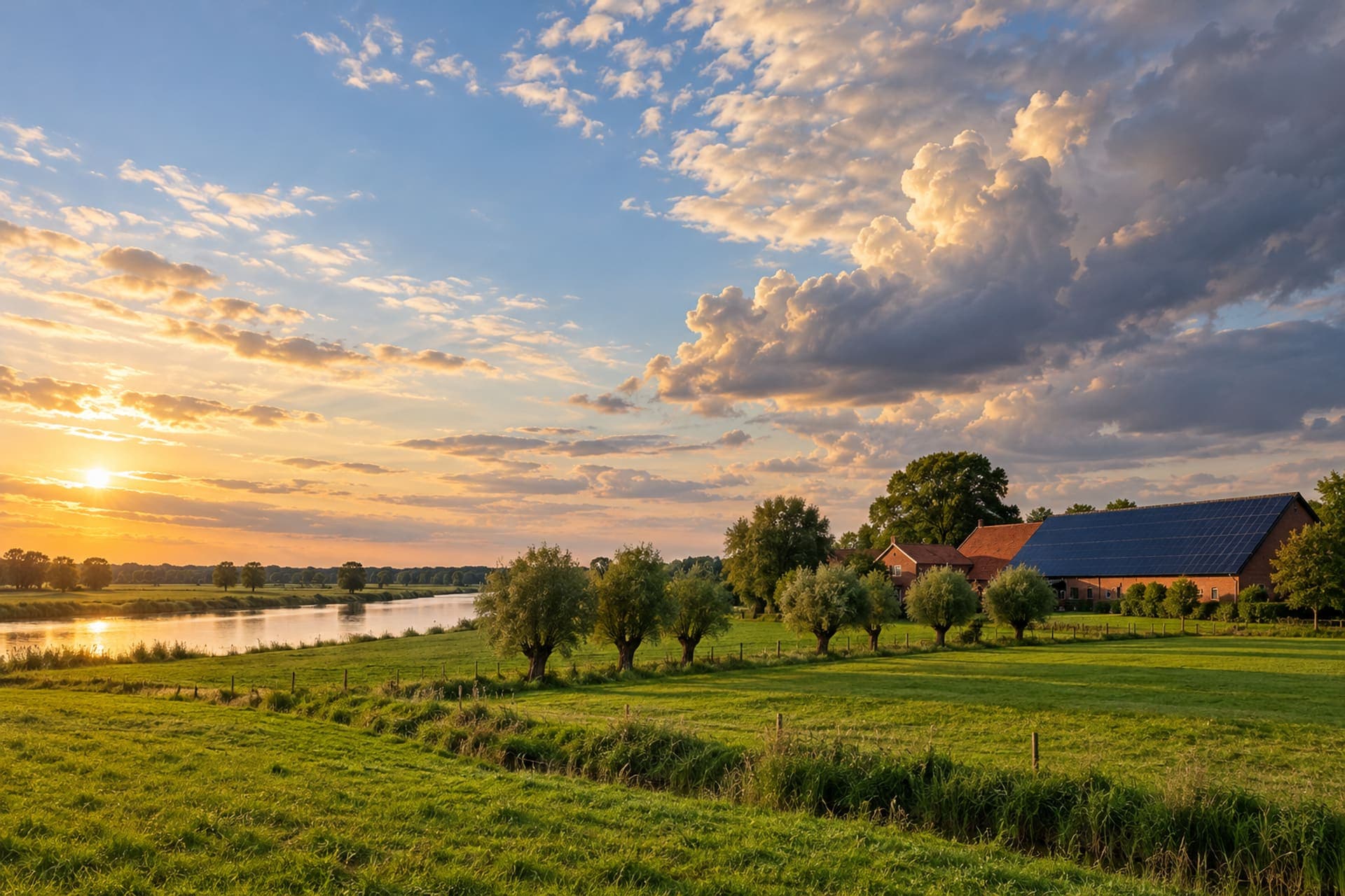 Hof in der flachen Weserniederung, das lange Scheunendach voller Solarmodule (Symbolbild) – Niedersachsen Solar