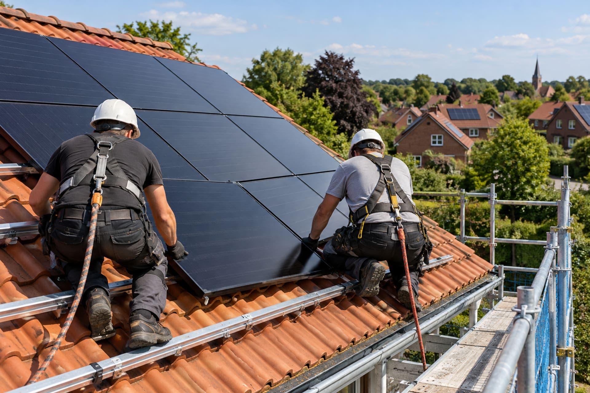 Zwei Monteure mit Helm und Gurt setzen schwarze Solarmodule auf ein rotes Ziegeldach mit Gerüst (Symbolbild) – Niedersachsen Solar