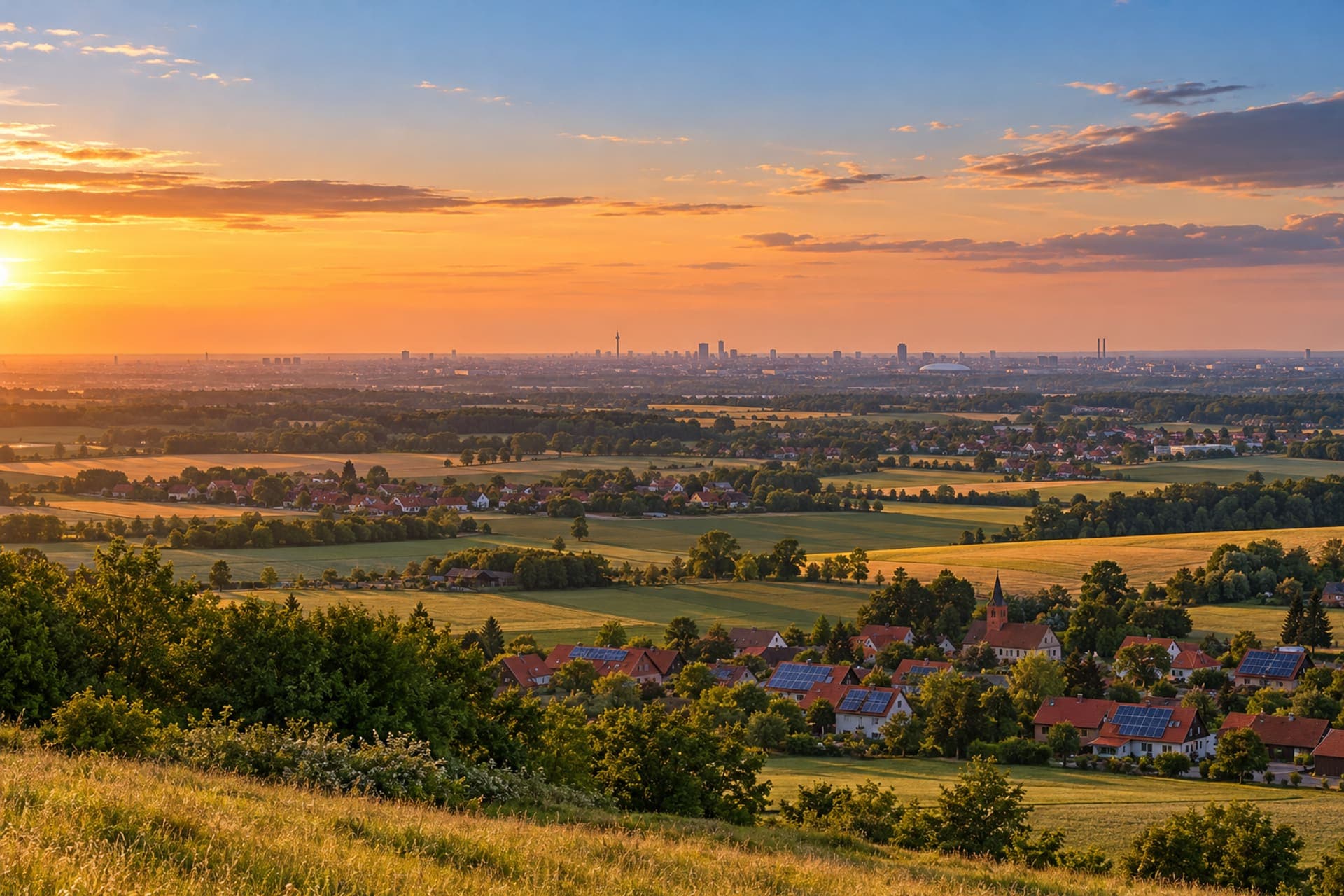 Blick über Felder und Dörfer der Region Hannover im Abendlicht, am Horizont die Stadt – Niedersachsen Solar