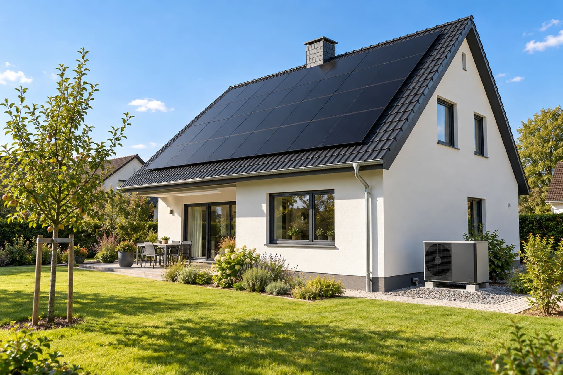 Saniertes Einfamilienhaus mit Solarmodulen und Wärmepumpe (Symbolbild) – Niedersachsen Solar