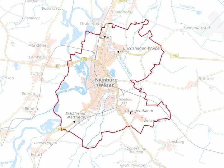 Karte Nienburg (Weser) mit Gemeindegrenze – Niedersachsen Solar
