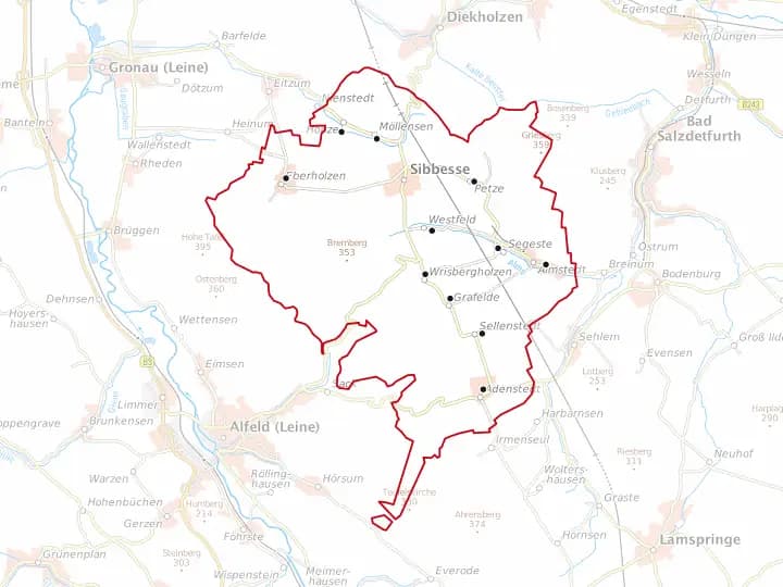 Karte Sibbesse mit Gemeindegrenze – Niedersachsen Solar