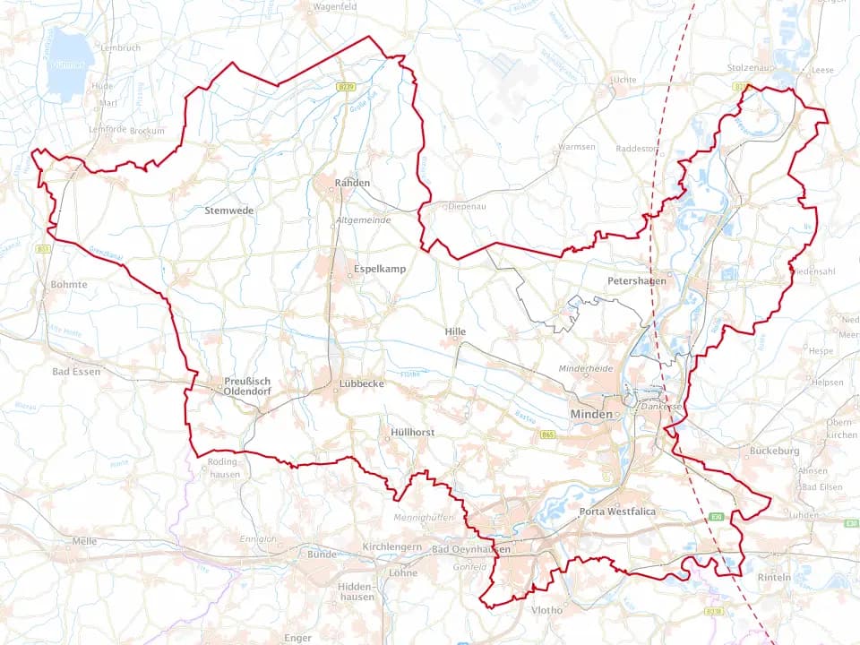 Karte des Kreises Minden-Lübbecke mit den Gemeinden im Einsatzgebiet – Niedersachsen Solar