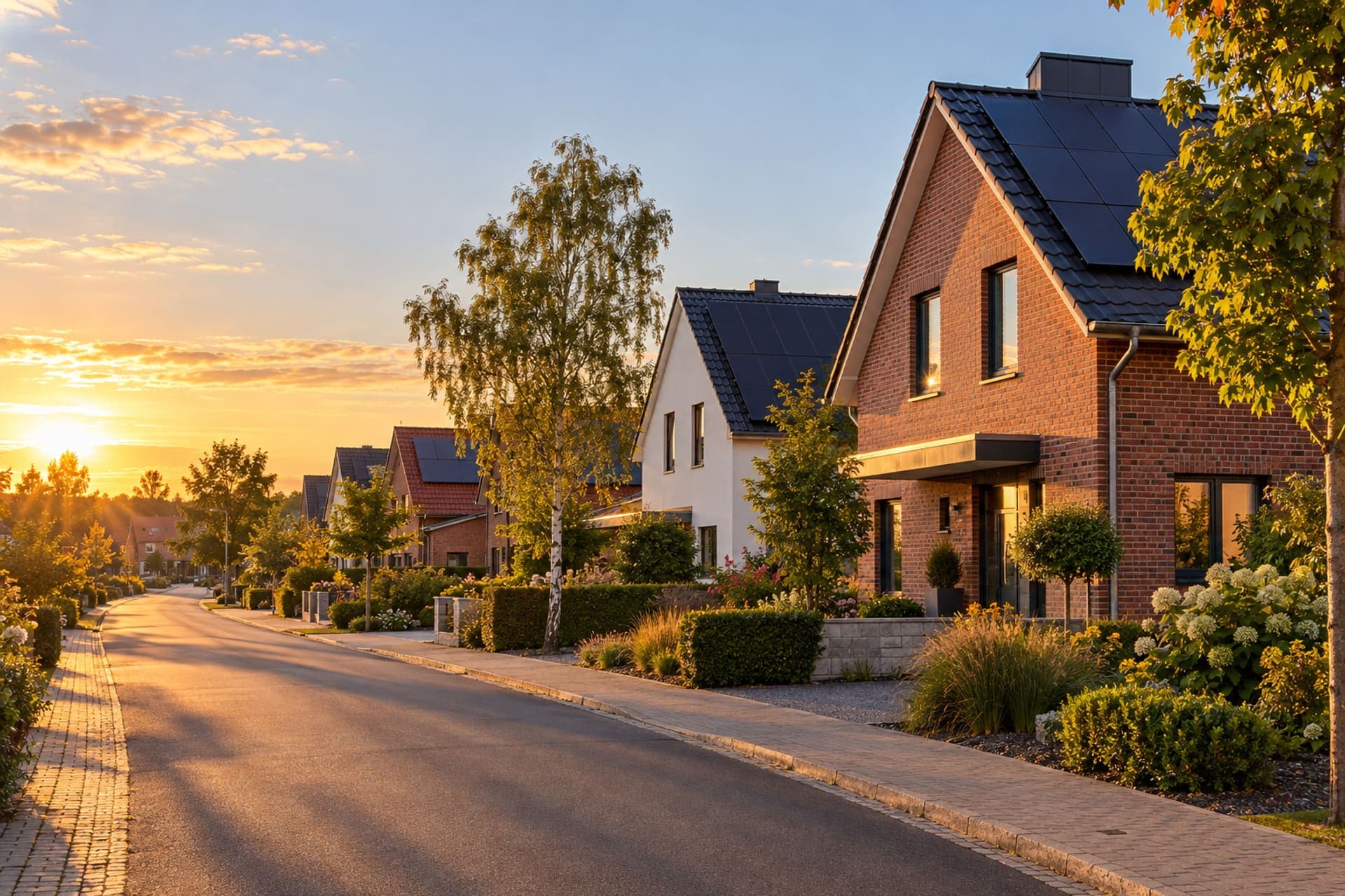 Straße mit Einfamilienhäusern aus Klinker, auf den Dächern schwarze Solarmodule (Symbolbild) – Niedersachsen Solar