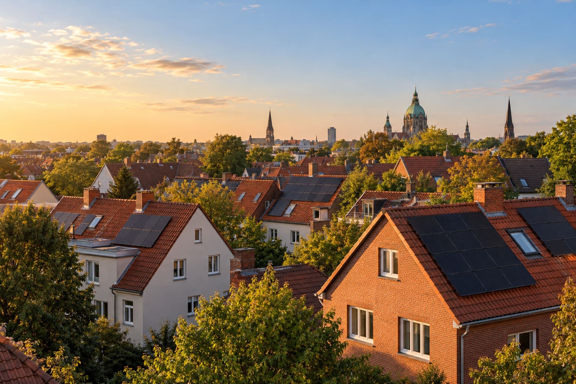 Dächer eines Wohngebiets mit Klinker- und Putzhäusern, einige mit schwarzen Solarmodulen (Symbolbild) – Niedersachsen Solar