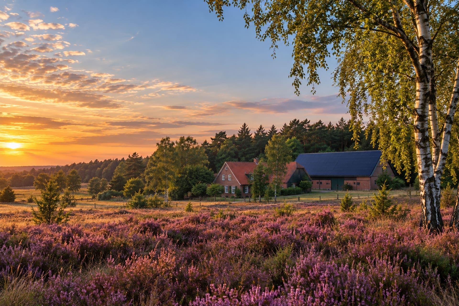 Blühende Heide und Birken vor einem Backsteinhof mit Solarmodulen auf der Scheune (Symbolbild) – Niedersachsen Solar